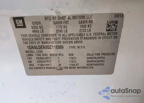 2013 Chevrolet Equinox 1Lt из США, поврежденный, VIN 1GNALDEK8DZ118089